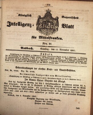 Königlich Bayerisches Intelligenzblatt für Mittelfranken (Ansbacher Intelligenz-Zeitung) Samstag 13. November 1847