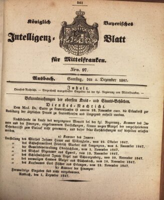 Königlich Bayerisches Intelligenzblatt für Mittelfranken (Ansbacher Intelligenz-Zeitung) Samstag 4. Dezember 1847