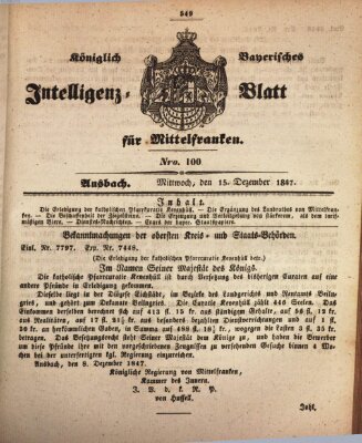 Königlich Bayerisches Intelligenzblatt für Mittelfranken (Ansbacher Intelligenz-Zeitung) Mittwoch 15. Dezember 1847