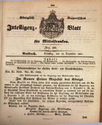 Königlich Bayerisches Intelligenzblatt für Mittelfranken (Ansbacher Intelligenz-Zeitung) Samstag 18. Dezember 1847