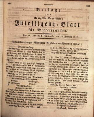 Königlich Bayerisches Intelligenzblatt für Mittelfranken (Ansbacher Intelligenz-Zeitung) Mittwoch 24. Februar 1847