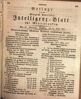 Königlich Bayerisches Intelligenzblatt für Mittelfranken (Ansbacher Intelligenz-Zeitung) Samstag 20. März 1847