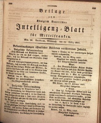 Königlich Bayerisches Intelligenzblatt für Mittelfranken (Ansbacher Intelligenz-Zeitung) Mittwoch 31. März 1847