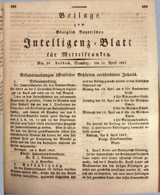 Königlich Bayerisches Intelligenzblatt für Mittelfranken (Ansbacher Intelligenz-Zeitung) Samstag 10. April 1847