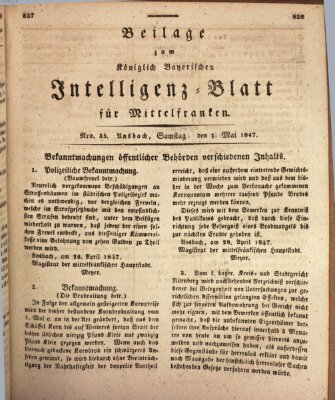 Königlich Bayerisches Intelligenzblatt für Mittelfranken (Ansbacher Intelligenz-Zeitung) Samstag 1. Mai 1847