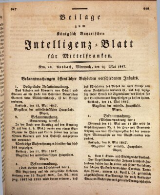 Königlich Bayerisches Intelligenzblatt für Mittelfranken (Ansbacher Intelligenz-Zeitung) Mittwoch 19. Mai 1847