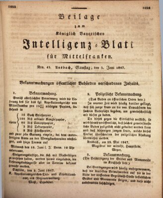 Königlich Bayerisches Intelligenzblatt für Mittelfranken (Ansbacher Intelligenz-Zeitung) Samstag 5. Juni 1847