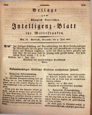 Königlich Bayerisches Intelligenzblatt für Mittelfranken (Ansbacher Intelligenz-Zeitung) Mittwoch 9. Juni 1847