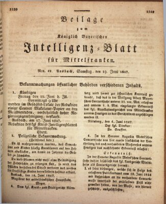 Königlich Bayerisches Intelligenzblatt für Mittelfranken (Ansbacher Intelligenz-Zeitung) Samstag 19. Juni 1847