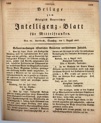 Königlich Bayerisches Intelligenzblatt für Mittelfranken (Ansbacher Intelligenz-Zeitung) Samstag 7. August 1847