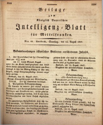 Königlich Bayerisches Intelligenzblatt für Mittelfranken (Ansbacher Intelligenz-Zeitung) Samstag 14. August 1847