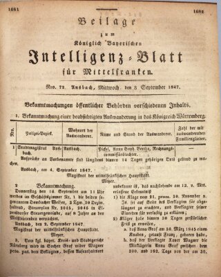 Königlich Bayerisches Intelligenzblatt für Mittelfranken (Ansbacher Intelligenz-Zeitung) Mittwoch 8. September 1847