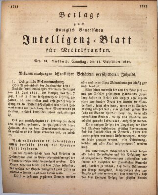 Königlich Bayerisches Intelligenzblatt für Mittelfranken (Ansbacher Intelligenz-Zeitung) Samstag 11. September 1847