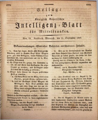 Königlich Bayerisches Intelligenzblatt für Mittelfranken (Ansbacher Intelligenz-Zeitung) Mittwoch 22. September 1847