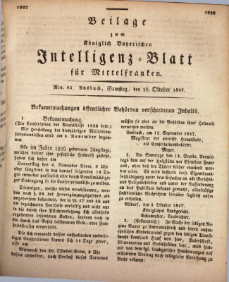 Königlich Bayerisches Intelligenzblatt für Mittelfranken (Ansbacher Intelligenz-Zeitung) Samstag 16. Oktober 1847