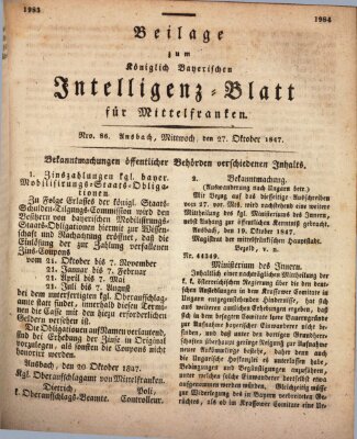 Königlich Bayerisches Intelligenzblatt für Mittelfranken (Ansbacher Intelligenz-Zeitung) Mittwoch 27. Oktober 1847