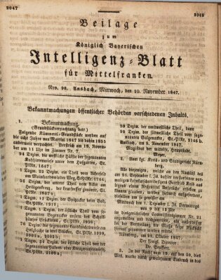 Königlich Bayerisches Intelligenzblatt für Mittelfranken (Ansbacher Intelligenz-Zeitung) Mittwoch 10. November 1847