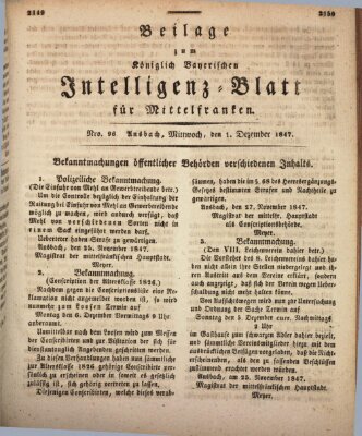 Königlich Bayerisches Intelligenzblatt für Mittelfranken (Ansbacher Intelligenz-Zeitung) Mittwoch 1. Dezember 1847