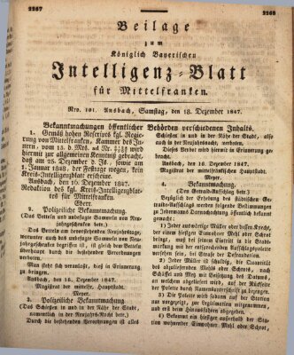 Königlich Bayerisches Intelligenzblatt für Mittelfranken (Ansbacher Intelligenz-Zeitung) Samstag 18. Dezember 1847