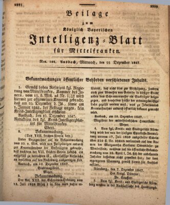 Königlich Bayerisches Intelligenzblatt für Mittelfranken (Ansbacher Intelligenz-Zeitung) Mittwoch 22. Dezember 1847