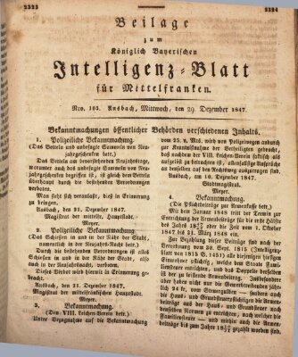 Königlich Bayerisches Intelligenzblatt für Mittelfranken (Ansbacher Intelligenz-Zeitung) Mittwoch 29. Dezember 1847