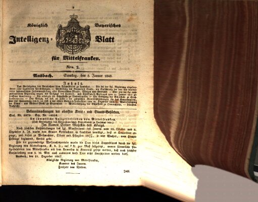 Königlich Bayerisches Intelligenzblatt für Mittelfranken (Ansbacher Intelligenz-Zeitung) Samstag 8. Januar 1848