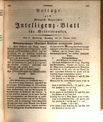 Königlich Bayerisches Intelligenzblatt für Mittelfranken (Ansbacher Intelligenz-Zeitung) Samstag 22. Januar 1848