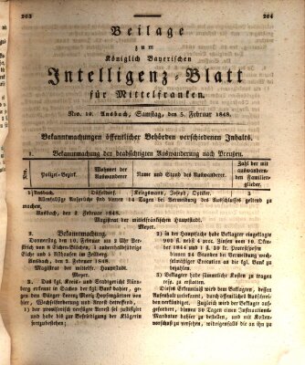 Königlich Bayerisches Intelligenzblatt für Mittelfranken (Ansbacher Intelligenz-Zeitung) Samstag 5. Februar 1848