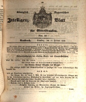 Königlich Bayerisches Intelligenzblatt für Mittelfranken (Ansbacher Intelligenz-Zeitung) Samstag 12. Februar 1848