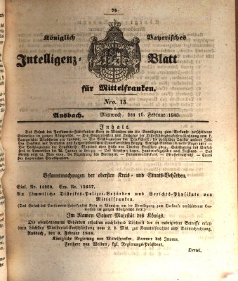 Königlich Bayerisches Intelligenzblatt für Mittelfranken (Ansbacher Intelligenz-Zeitung) Mittwoch 16. Februar 1848