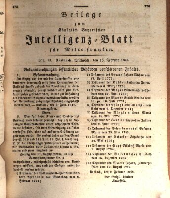 Königlich Bayerisches Intelligenzblatt für Mittelfranken (Ansbacher Intelligenz-Zeitung) Mittwoch 16. Februar 1848