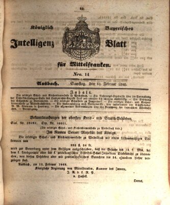 Königlich Bayerisches Intelligenzblatt für Mittelfranken (Ansbacher Intelligenz-Zeitung) Samstag 19. Februar 1848