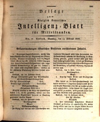 Königlich Bayerisches Intelligenzblatt für Mittelfranken (Ansbacher Intelligenz-Zeitung) Samstag 19. Februar 1848