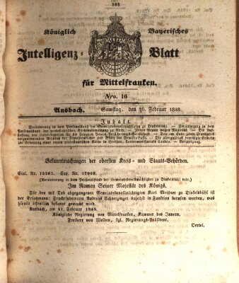 Königlich Bayerisches Intelligenzblatt für Mittelfranken (Ansbacher Intelligenz-Zeitung) Samstag 26. Februar 1848