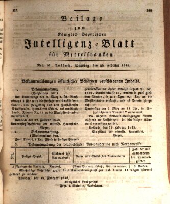 Königlich Bayerisches Intelligenzblatt für Mittelfranken (Ansbacher Intelligenz-Zeitung) Samstag 26. Februar 1848