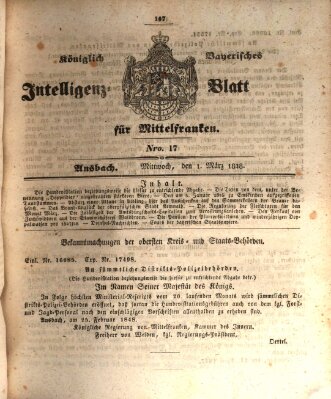 Königlich Bayerisches Intelligenzblatt für Mittelfranken (Ansbacher Intelligenz-Zeitung) Mittwoch 1. März 1848
