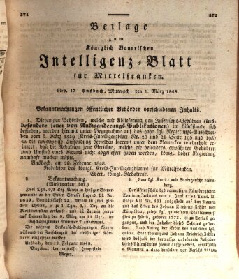 Königlich Bayerisches Intelligenzblatt für Mittelfranken (Ansbacher Intelligenz-Zeitung) Mittwoch 1. März 1848