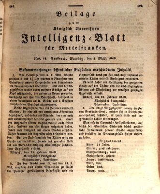 Königlich Bayerisches Intelligenzblatt für Mittelfranken (Ansbacher Intelligenz-Zeitung) Samstag 4. März 1848