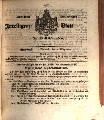 Königlich Bayerisches Intelligenzblatt für Mittelfranken (Ansbacher Intelligenz-Zeitung) Mittwoch 8. März 1848