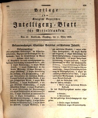 Königlich Bayerisches Intelligenzblatt für Mittelfranken (Ansbacher Intelligenz-Zeitung) Samstag 11. März 1848