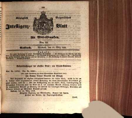 Königlich Bayerisches Intelligenzblatt für Mittelfranken (Ansbacher Intelligenz-Zeitung) Mittwoch 22. März 1848