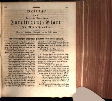 Königlich Bayerisches Intelligenzblatt für Mittelfranken (Ansbacher Intelligenz-Zeitung) Mittwoch 22. März 1848