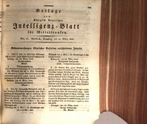 Königlich Bayerisches Intelligenzblatt für Mittelfranken (Ansbacher Intelligenz-Zeitung) Samstag 25. März 1848