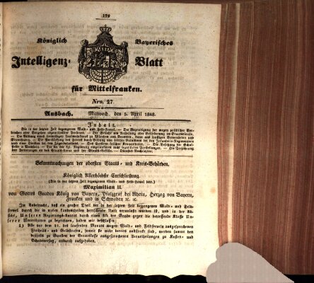 Königlich Bayerisches Intelligenzblatt für Mittelfranken (Ansbacher Intelligenz-Zeitung) Mittwoch 5. April 1848