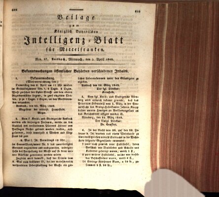 Königlich Bayerisches Intelligenzblatt für Mittelfranken (Ansbacher Intelligenz-Zeitung) Mittwoch 5. April 1848