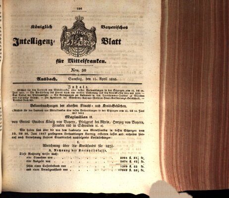 Königlich Bayerisches Intelligenzblatt für Mittelfranken (Ansbacher Intelligenz-Zeitung) Samstag 15. April 1848