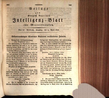 Königlich Bayerisches Intelligenzblatt für Mittelfranken (Ansbacher Intelligenz-Zeitung) Samstag 15. April 1848