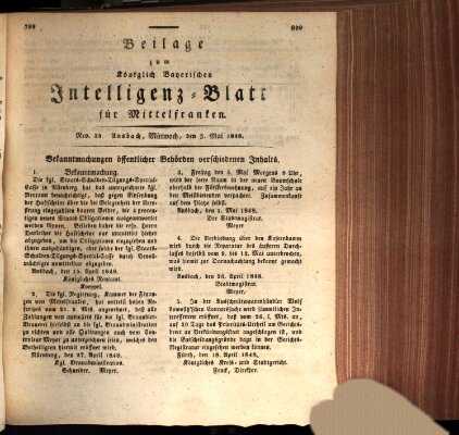 Königlich Bayerisches Intelligenzblatt für Mittelfranken (Ansbacher Intelligenz-Zeitung) Mittwoch 3. Mai 1848