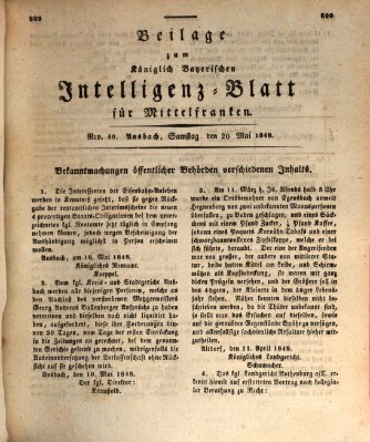 Königlich Bayerisches Intelligenzblatt für Mittelfranken (Ansbacher Intelligenz-Zeitung) Samstag 20. Mai 1848