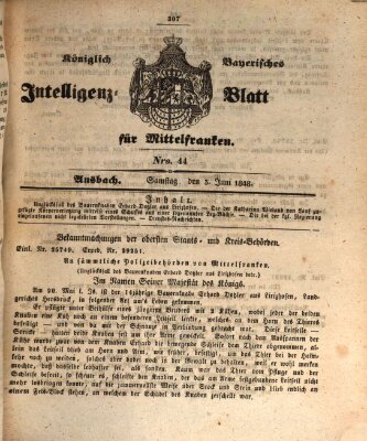 Königlich Bayerisches Intelligenzblatt für Mittelfranken (Ansbacher Intelligenz-Zeitung) Samstag 3. Juni 1848